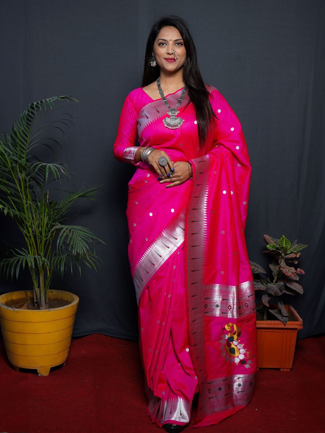 

ZELZIS Woven Design Ethnic Motifs Zari Organza Saree, Pink