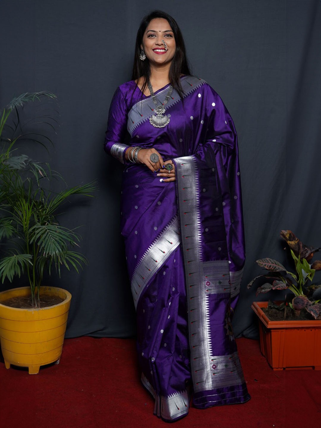 

ZELZIS Woven Design Ethnic Motifs Zari Organza Saree, Purple