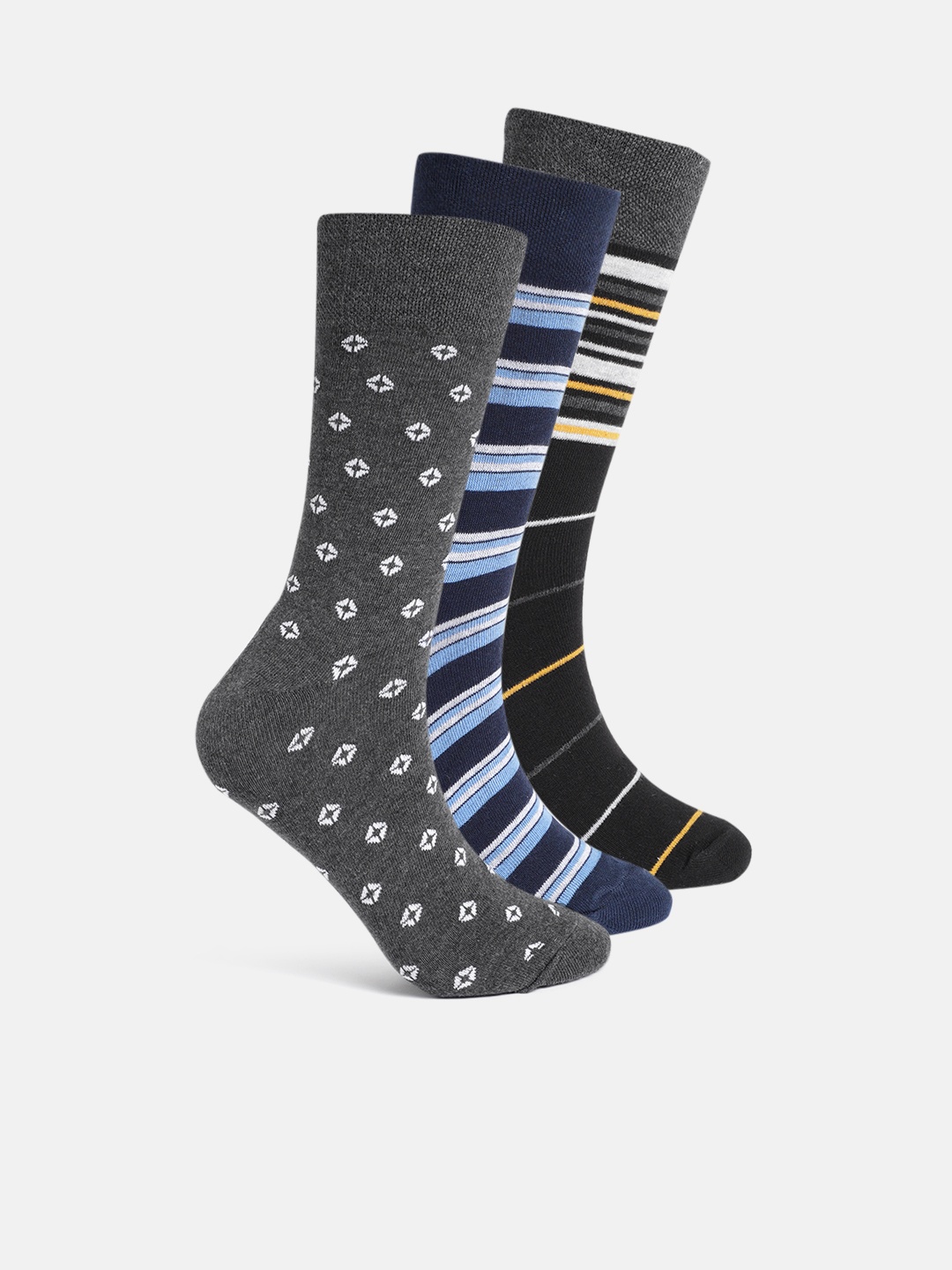

Mast & Harbour Men Pack Of 3 Striped & Printed Calf Length Socks, Navy blue