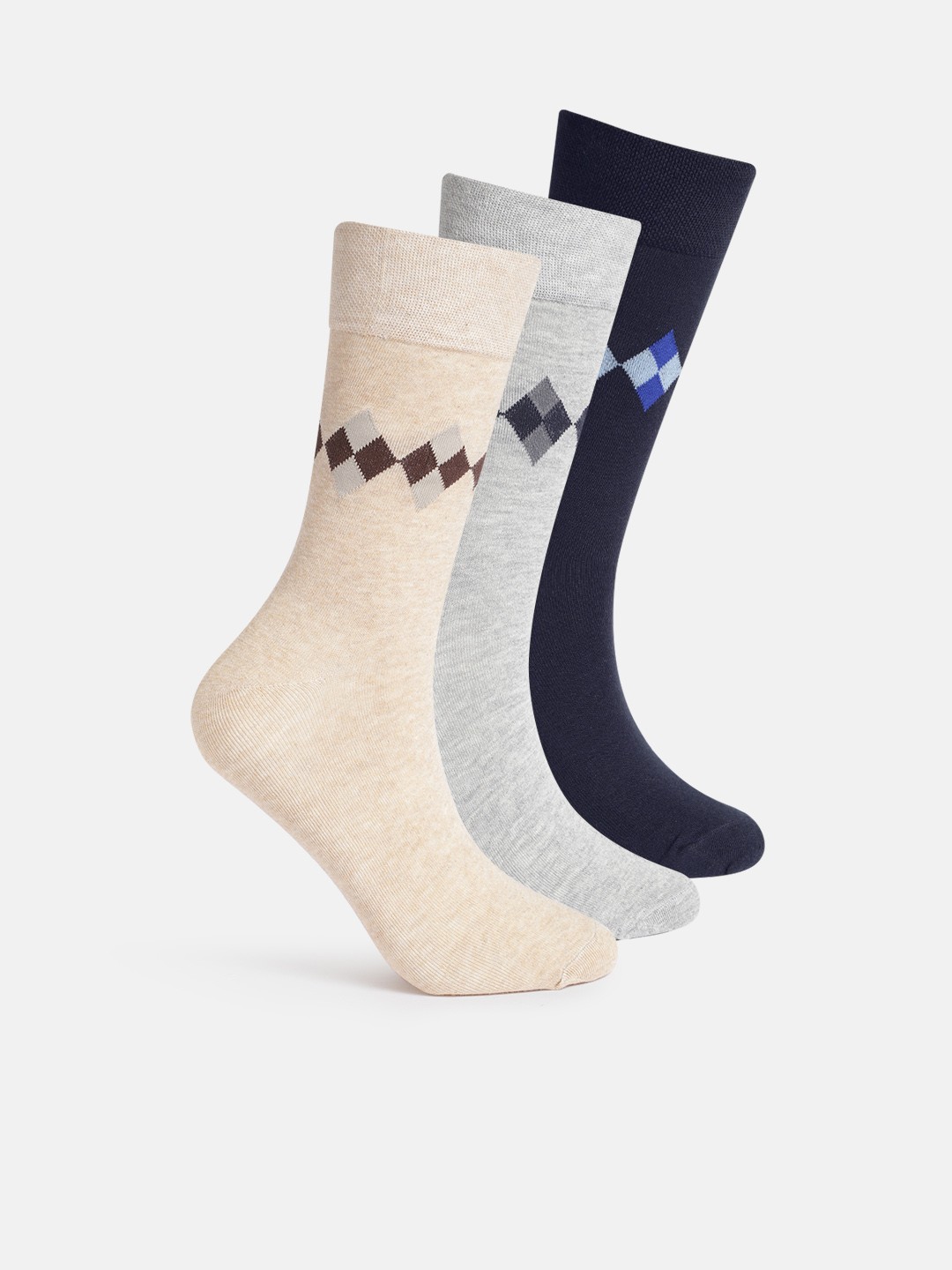 

Mast & Harbour Men Pack of 3 Patterned Pure Cotton Calf Length Socks, Beige
