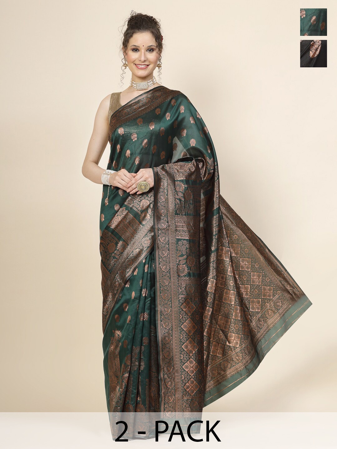 

KALINI Selection of 2 Ethnic Motifs Woven Design Zari Detail Banarasi Saree, Green
