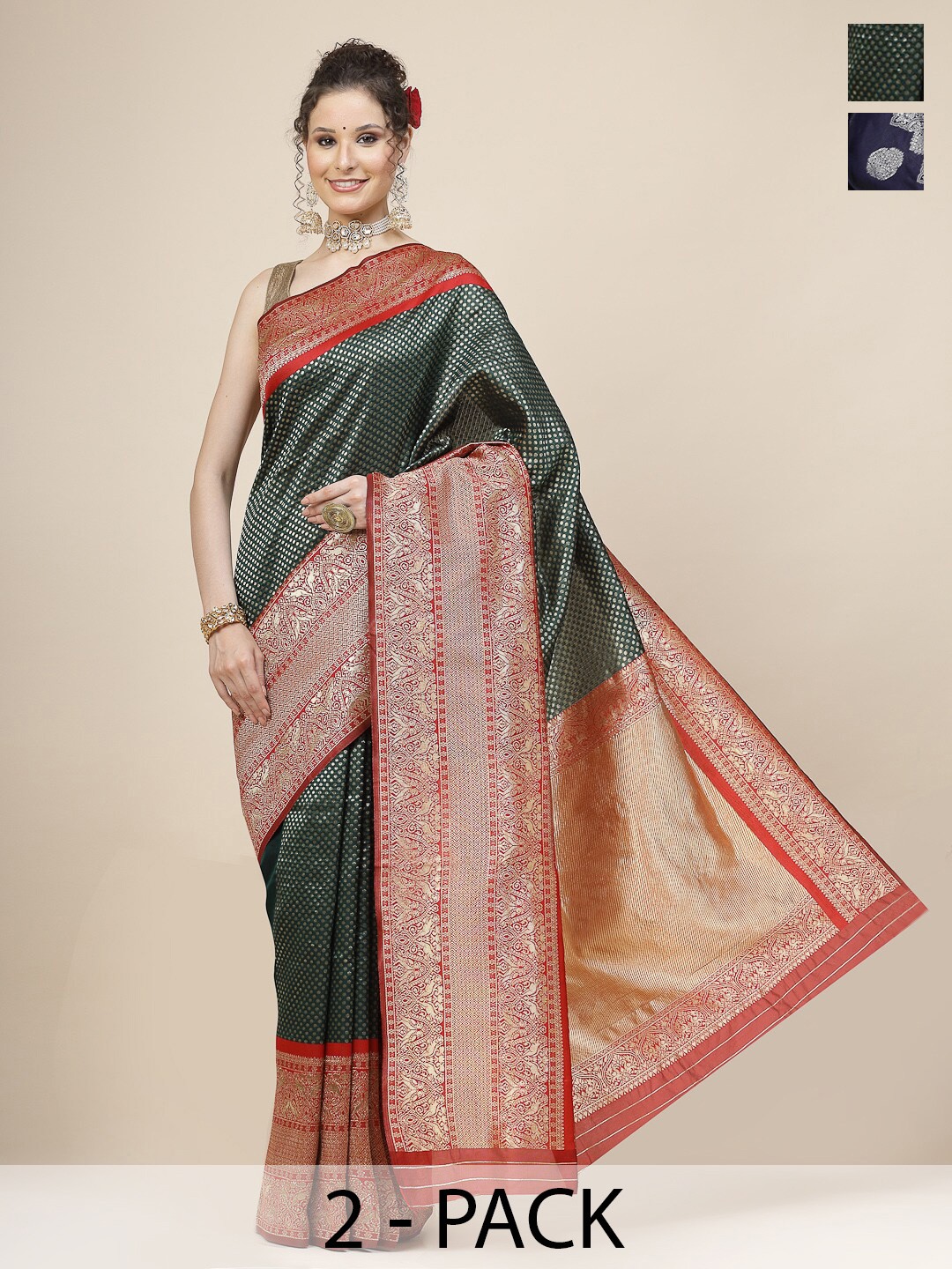 

KALINI Selection of 2 Ethnic Motifs Woven Design Zari Detail Banarasi Saree, Black