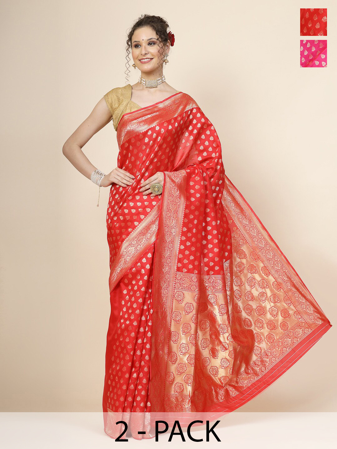 

KALINI Selection of 2 Ethnic Motifs Woven Design Zari Detail Banarasi Saree, Red