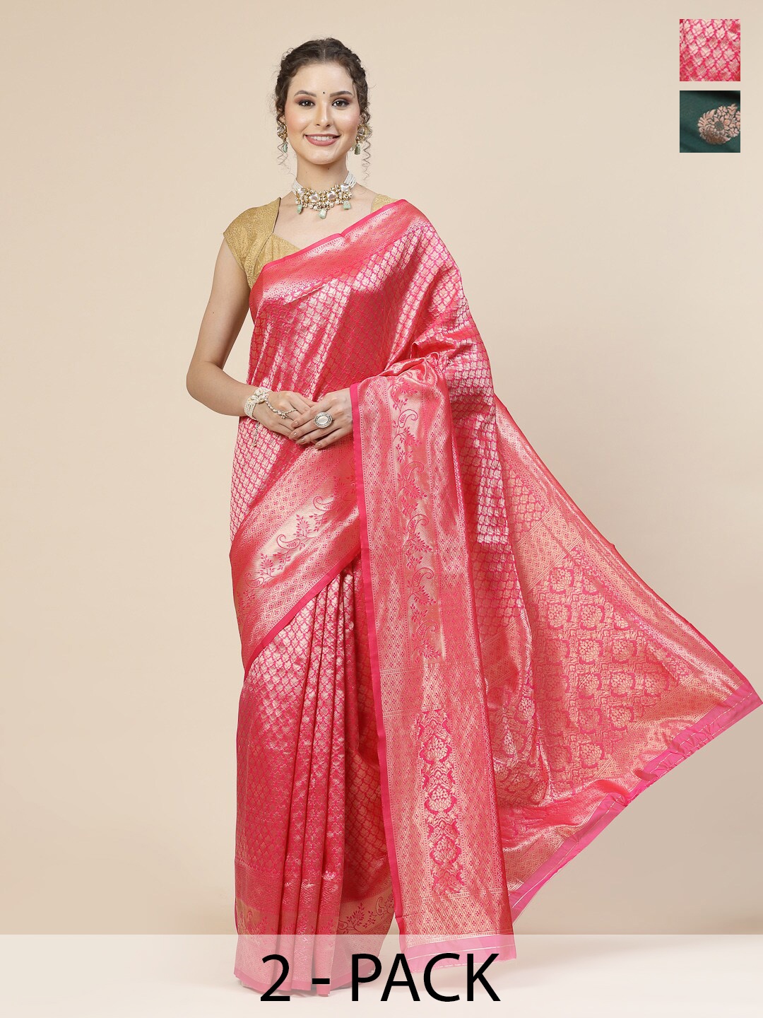 

KALINI Selection of 2 Ethnic Motifs Woven Design Zari Detail Banarasi Saree, Pink