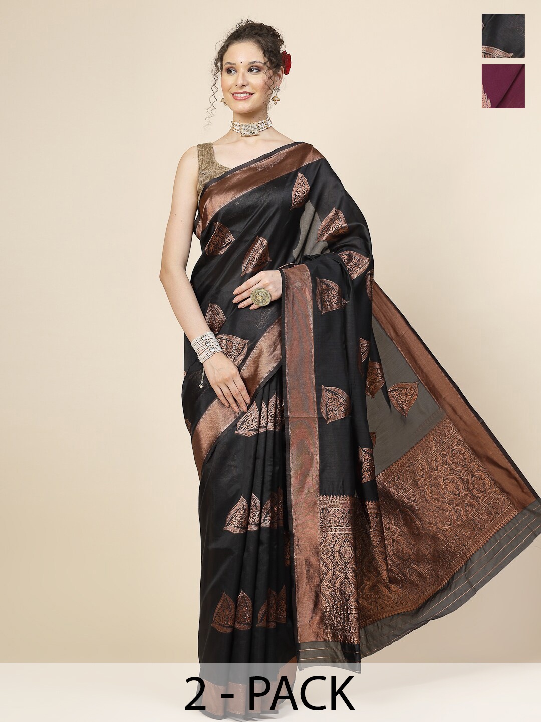 

KALINI Selection of 2 Ethnic Motifs Woven Design Zari Detail Banarasi Saree, Green