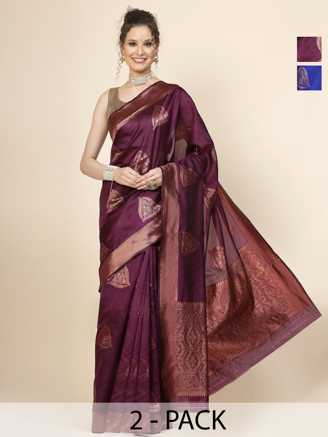 

KALINI Selection Of 2 Ethnic Motifs Woven Design Zari Banarasi Saree, Blue