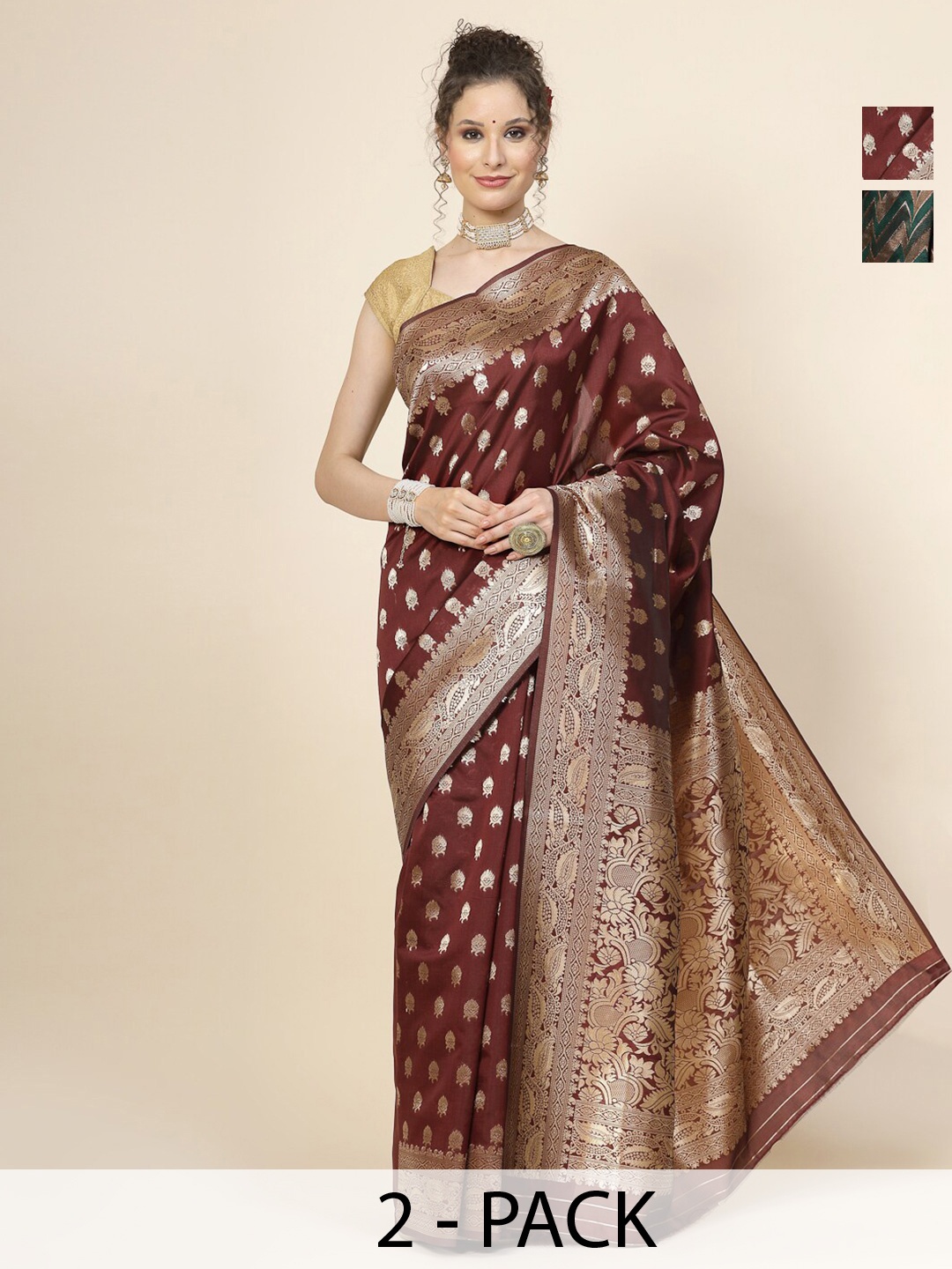 

KALINI Selection Of 2 Floral Woven Design Zari Banarasi Saree, Green