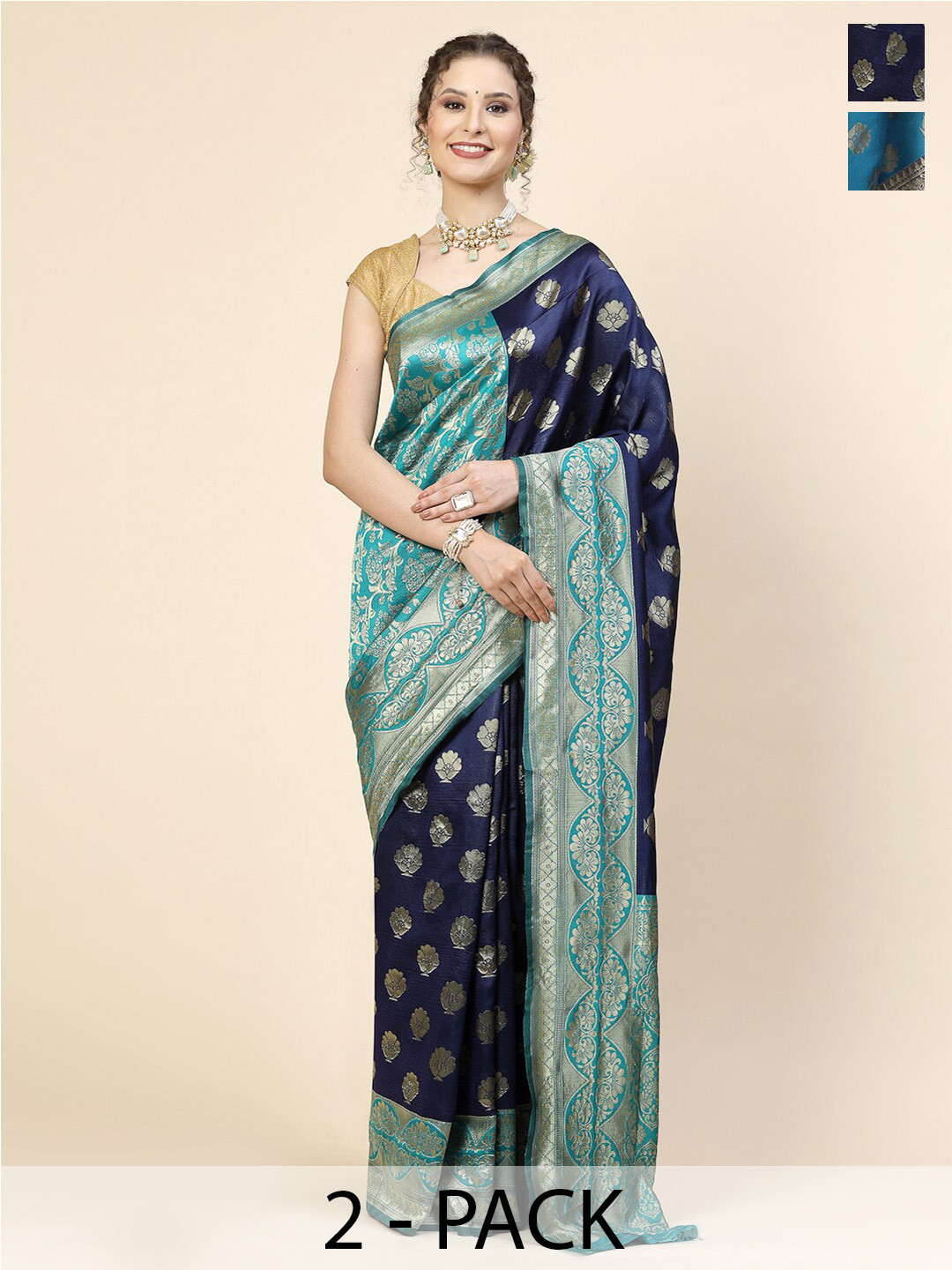 

KALINI Selection Of 2 Ethnic Motifs Woven Design Banarasi Jacquard Sarees, Blue