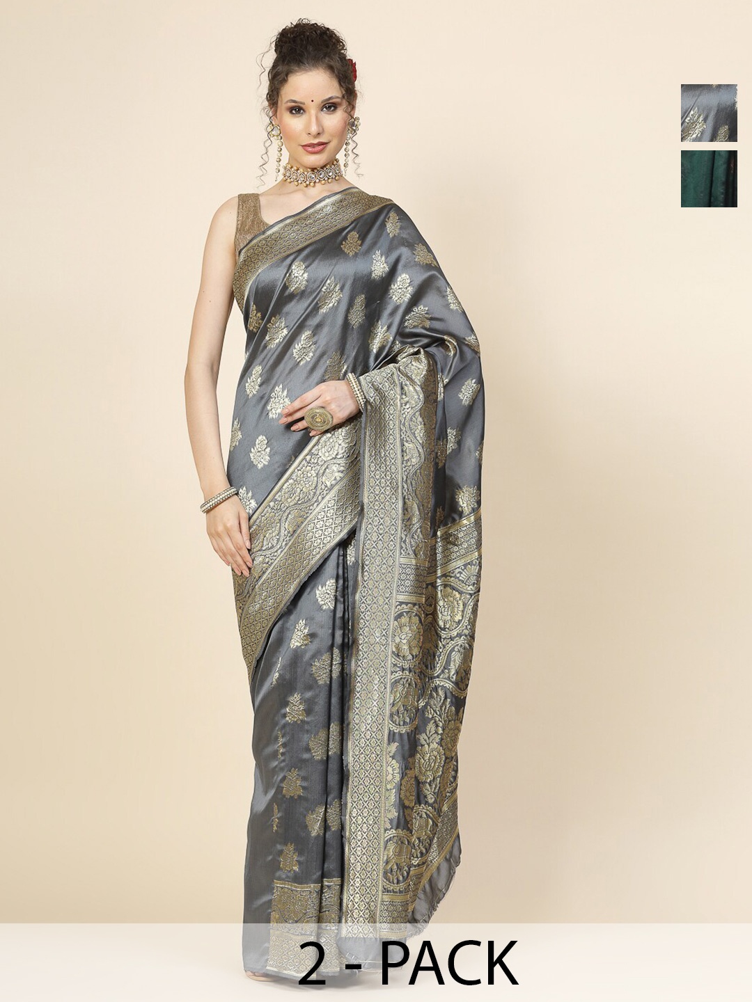 

KALINI Selection Of 2 Ethnic Motifs Woven Design Zari Banarasi Saree, Green