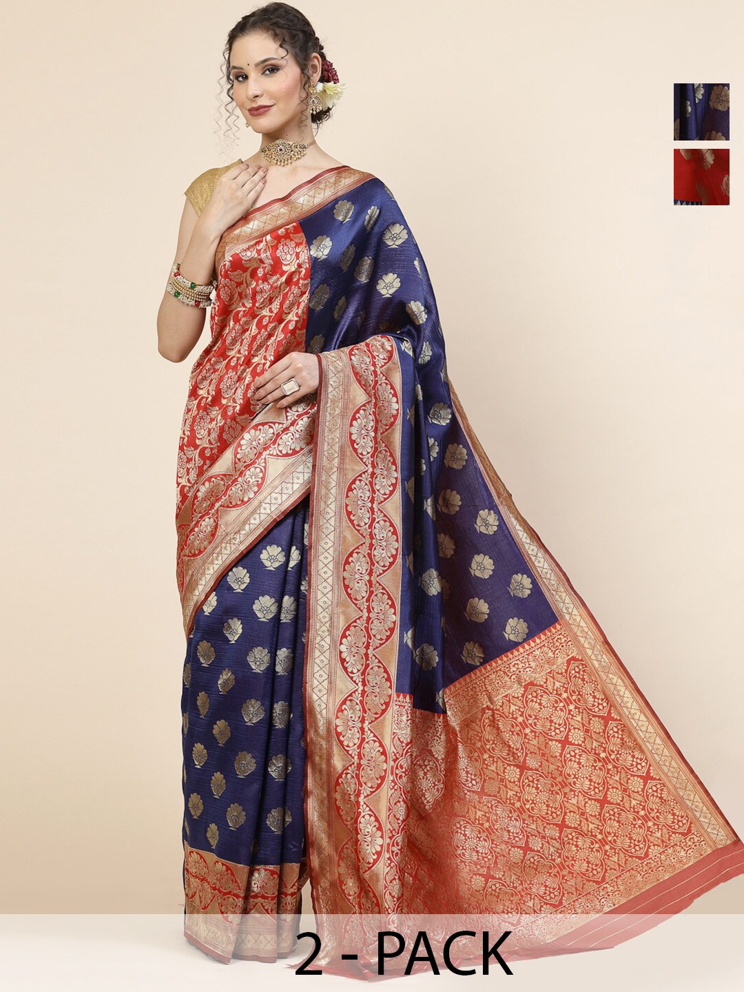 

KALINI Selection Of 2 Floral Woven Design Zari Jacquard Banarasi Saree, Blue