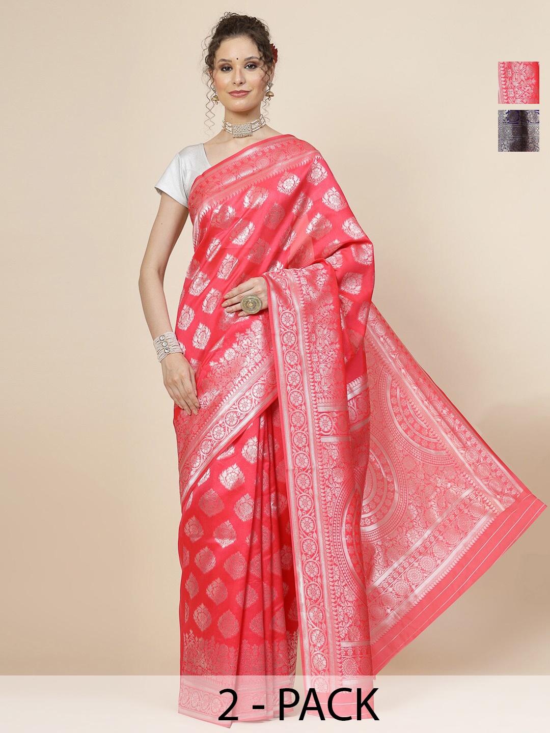 

KALINI Selection of 2 Ethnic Motifs Woven Design Zari Detail Banarasi Saree, Pink