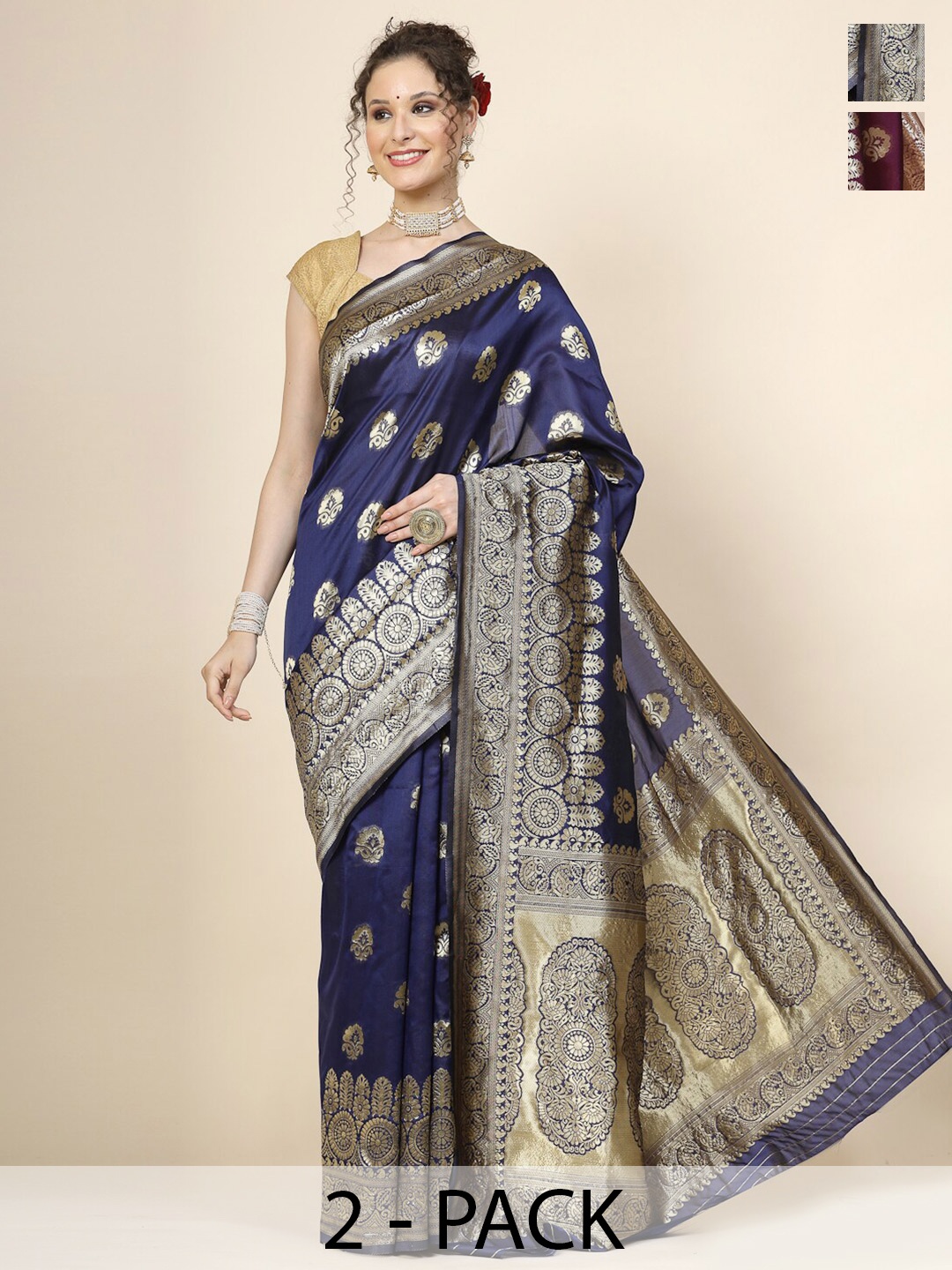 

KALINI Selection Of 2 Ethnic motifs Woven Design Zari Banarasi Saree, Blue