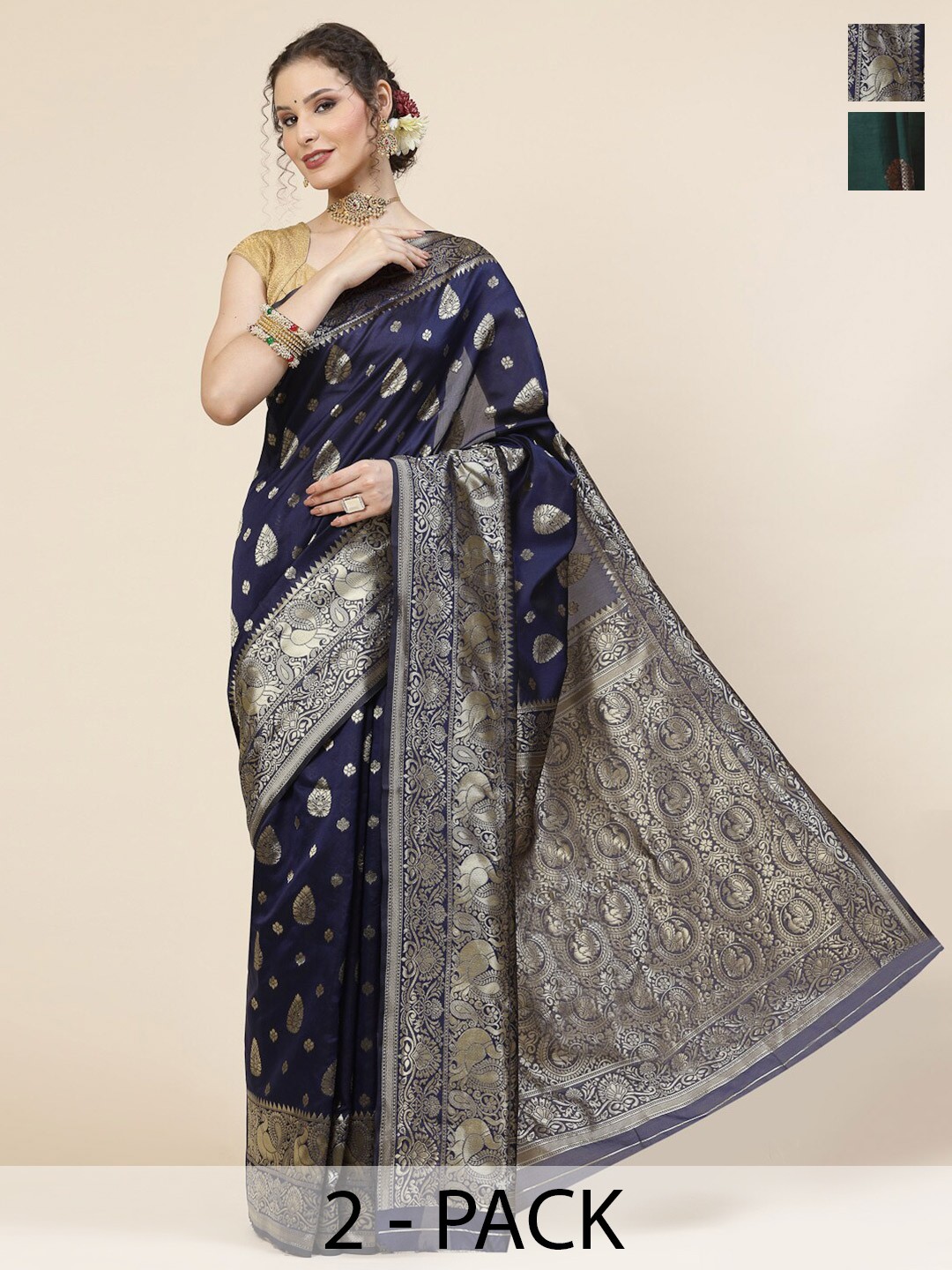 

KALINI Selection Of 2 Floral Woven Design Zari Jacquard Banarasi Saree, Blue