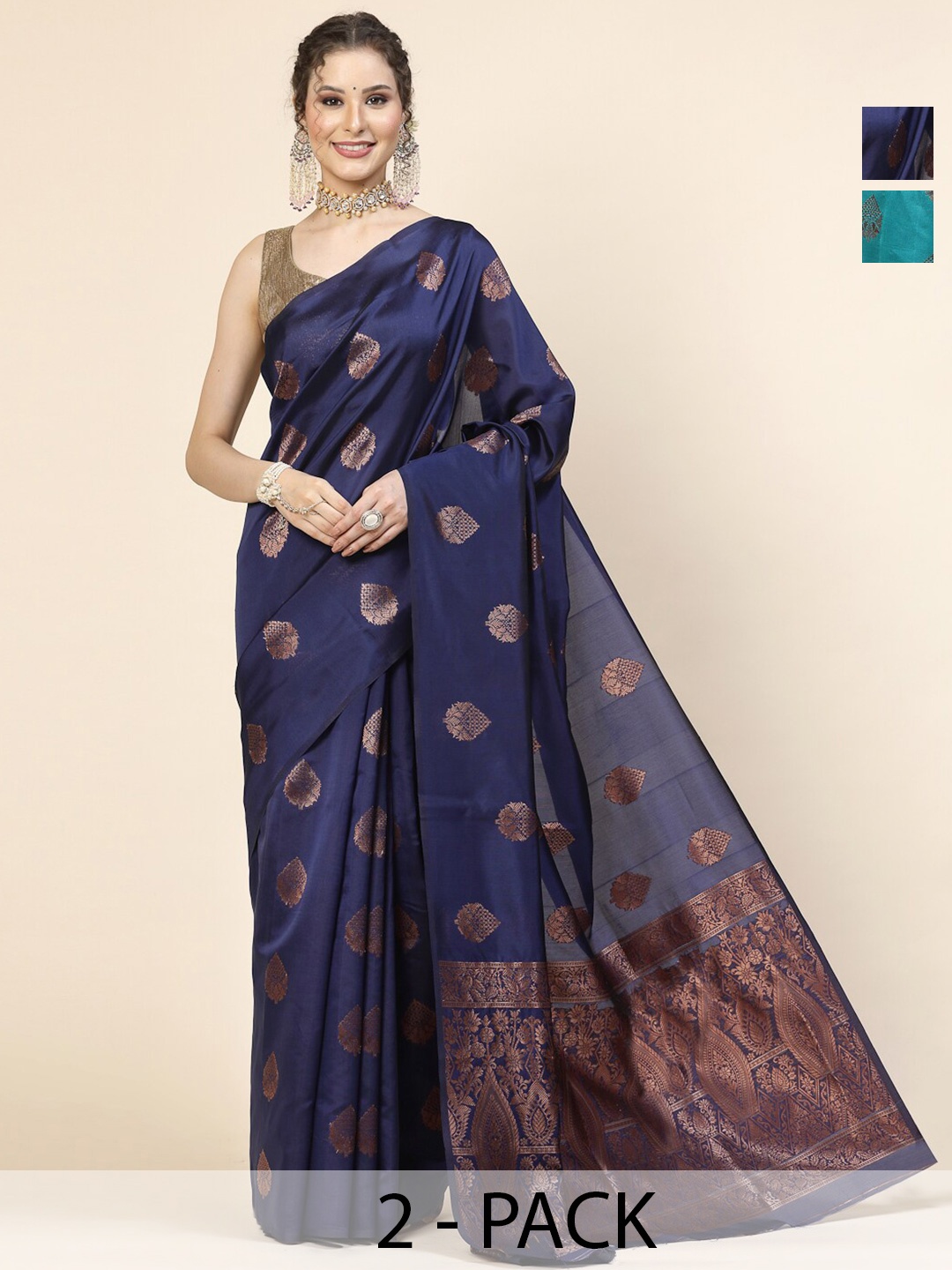 

KALINI Selection Of 2 Ethnic Motifs Woven Design Zari Banarasi Saree, Blue