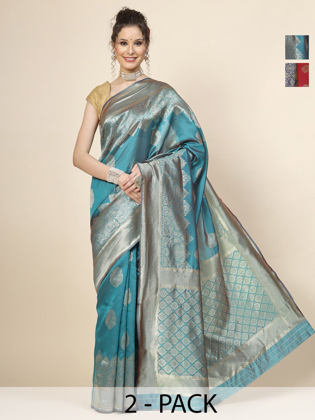 

KALINI Selection Of 2 Floral Woven Design Banarasi Saree, Blue