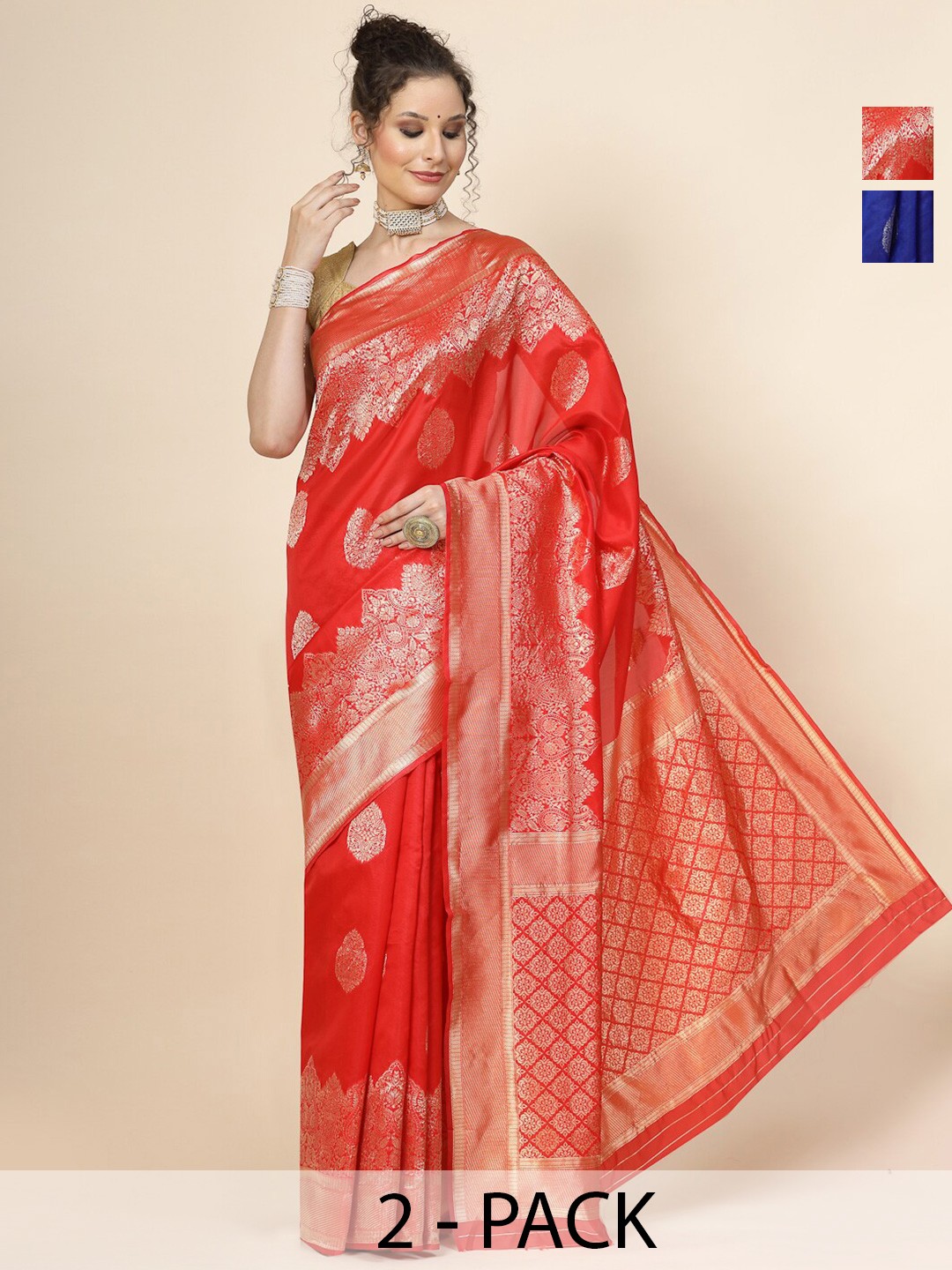 

KALINI Selection Of 2 Floral Woven Design Zari Jacquard Banarasi Saree, Blue