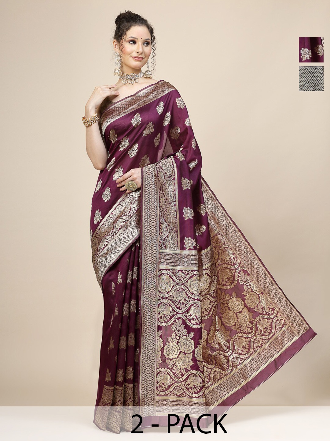 

KALINI Selection of 2 Ethnic Motifs Woven Design Zari Detail Banarasi Saree, Purple