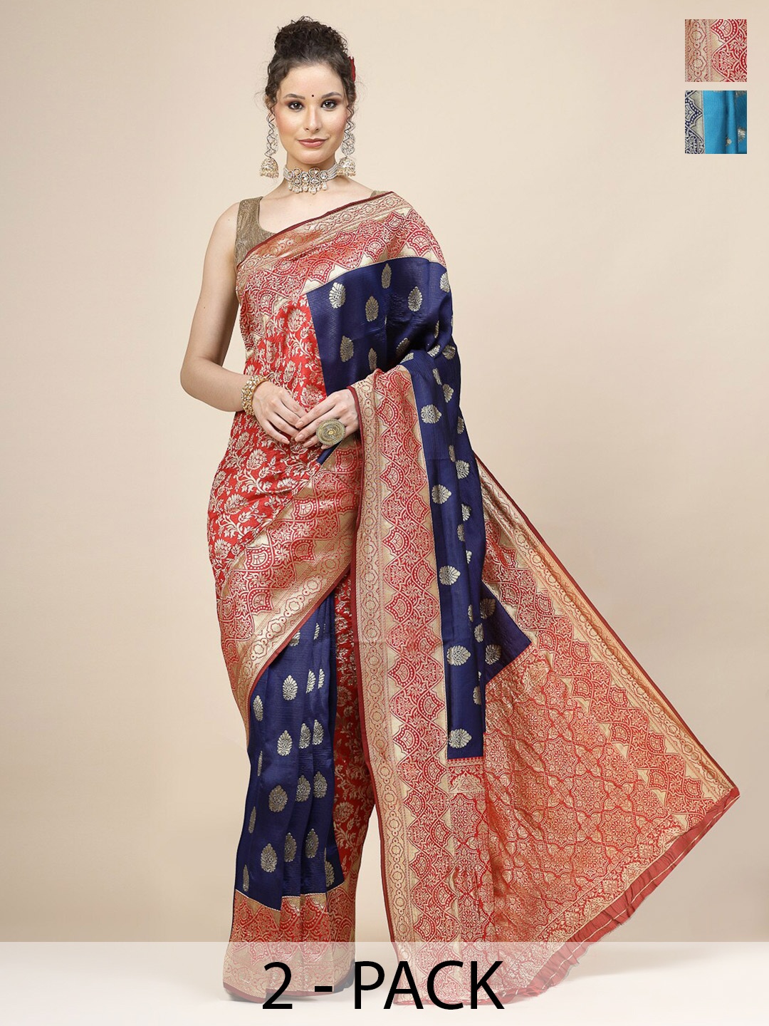 

KALINI Selection of 2 Ethnic Motifs Woven Design Zari Detail Banarasi Saree, Blue