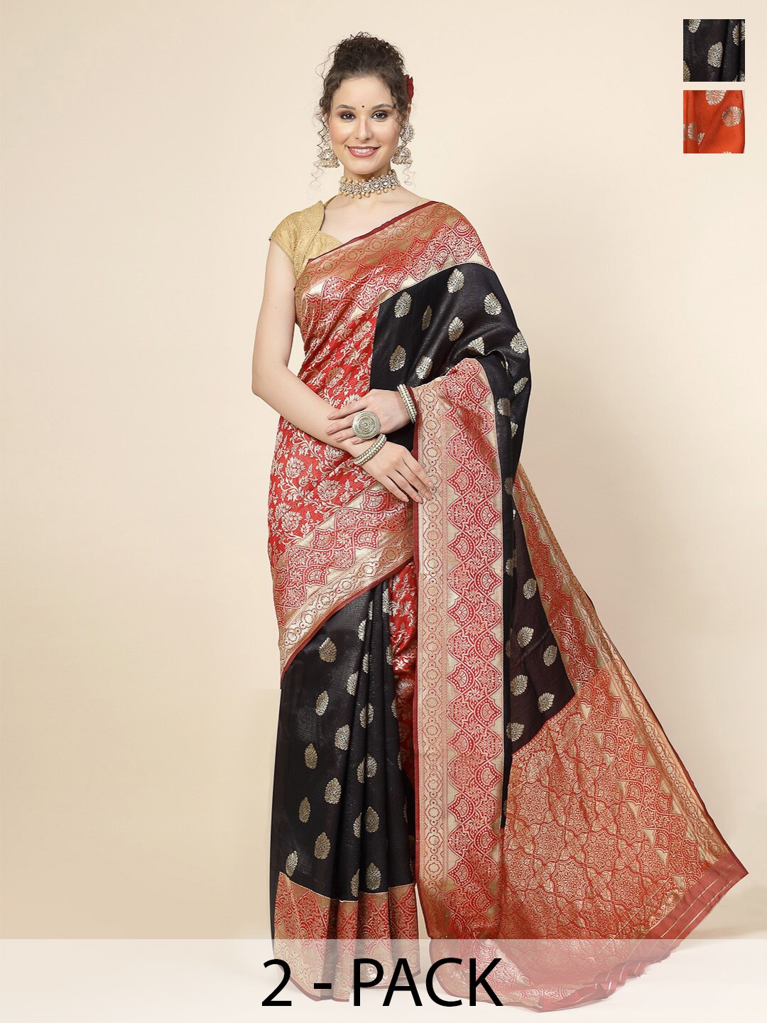 

KALINI Selection Of 2 Ethnic Motifs Woven Design Banarasi Jacquard Sarees, Black
