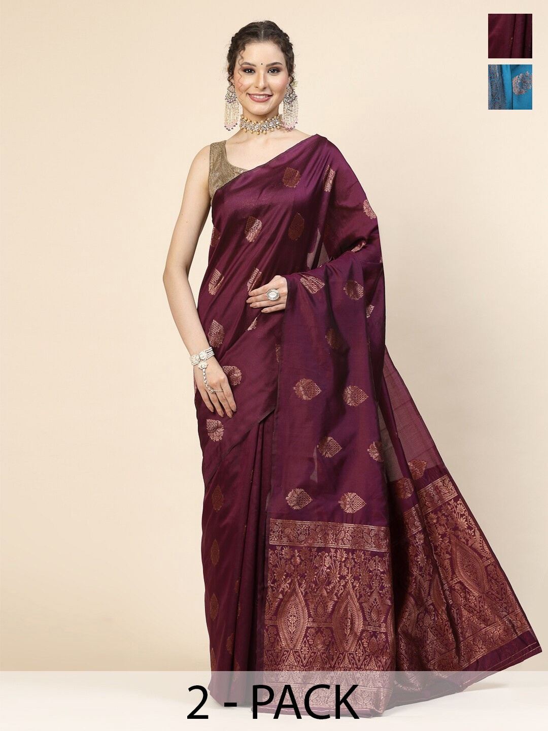 

KALINI Selection Of 2 Floral Woven Design Zari Jacquard Banarasi Saree, Maroon