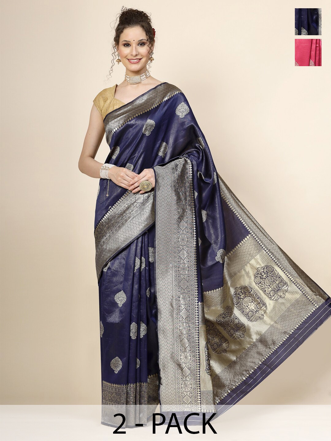 

KALINI Selection Of 2 Woven Design Zari Banarasi Jacquard Zari Sarees, Blue