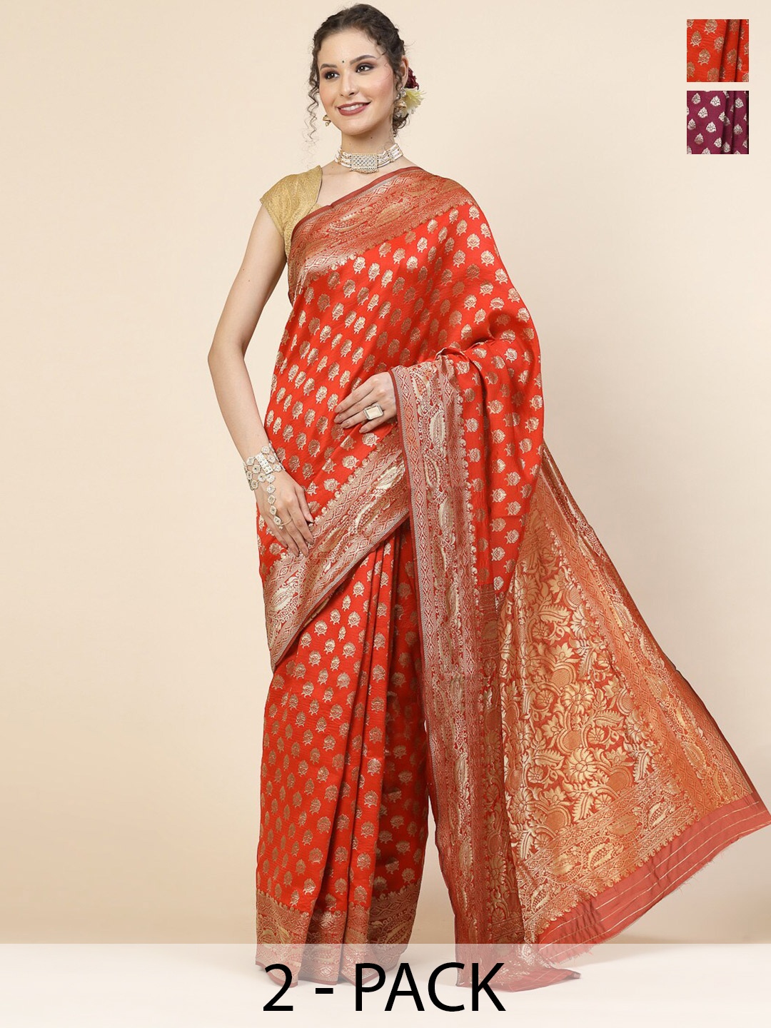 

KALINI Selection of 2 Ethnic Motifs Woven Design Zari Detail Banarasi Saree, Red