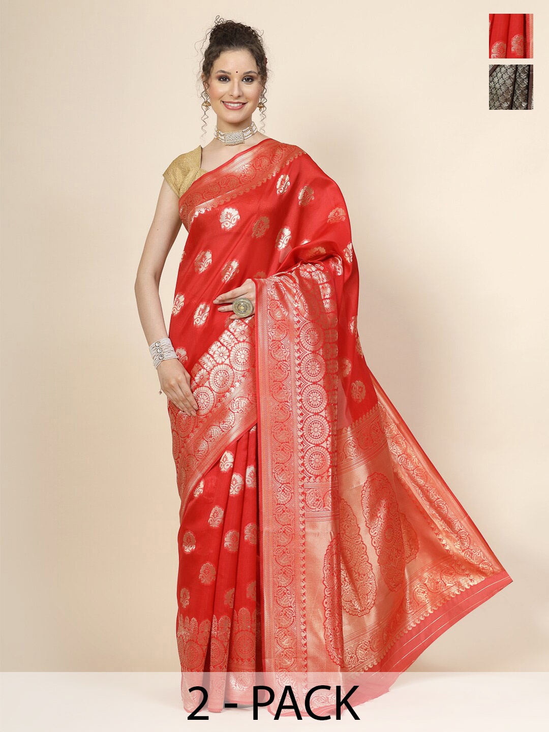 

KALINI Selection Of 2 Ethnic Motifs Woven Design Zari Jacquard Banarasi Saree, Red