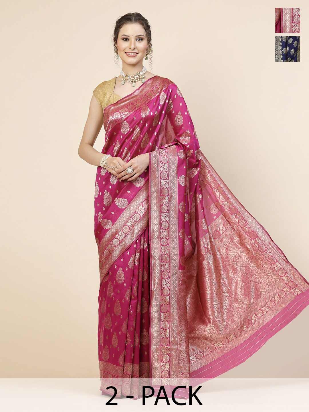 

KALINI Selection Of 2 Ethnic Motifs Woven Design Zari Banarasi Saree, Pink
