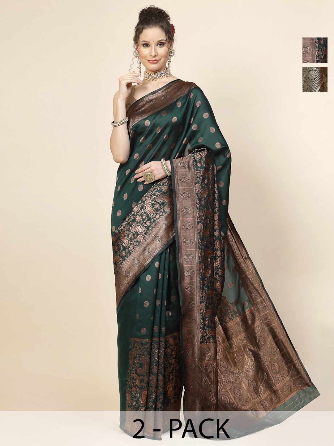 

KALINI Selection Of 2 Ethnic Motifs Woven Design Zari Banarasi Saree, Green