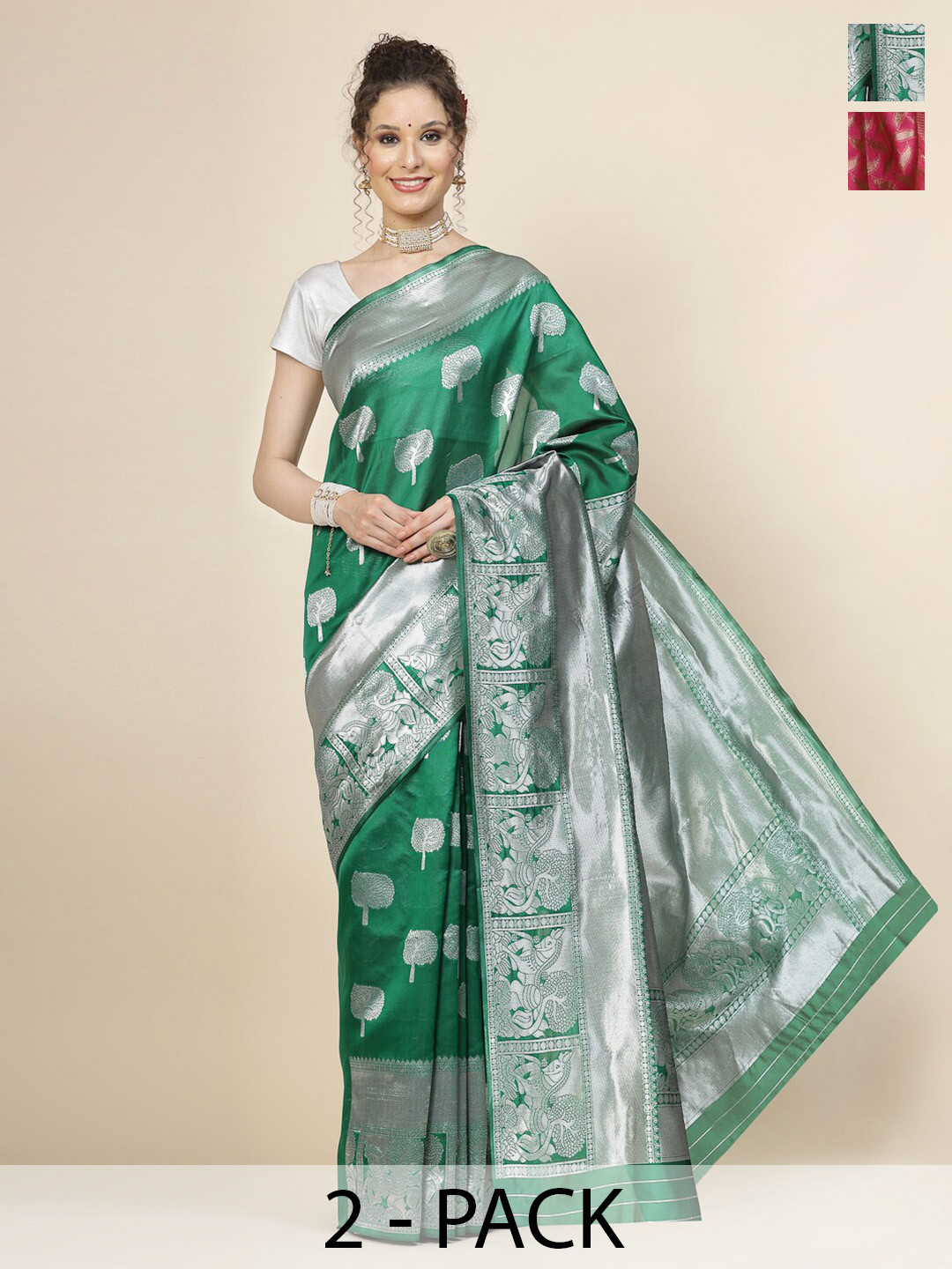 

KALINI Selection Of 2 Floral Woven Design Banarasi Saree, Green
