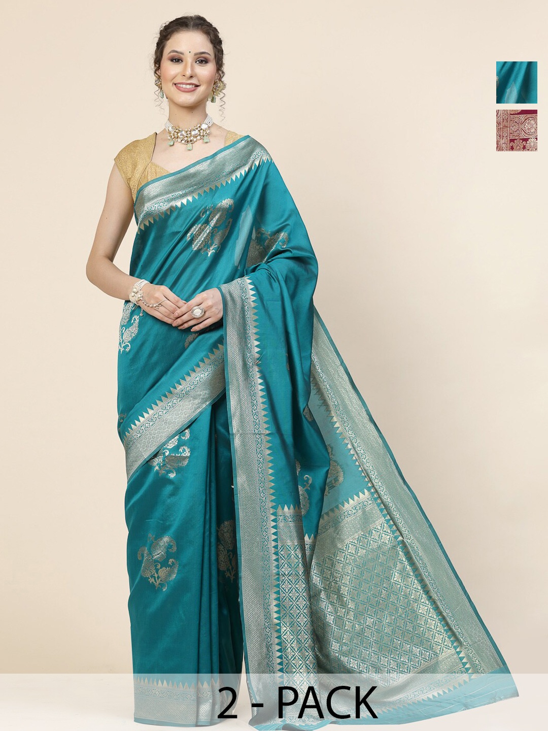 

KALINI Selection Of 2 Ethnic Motifs Woven Design Zari Banarasi Saree, Blue