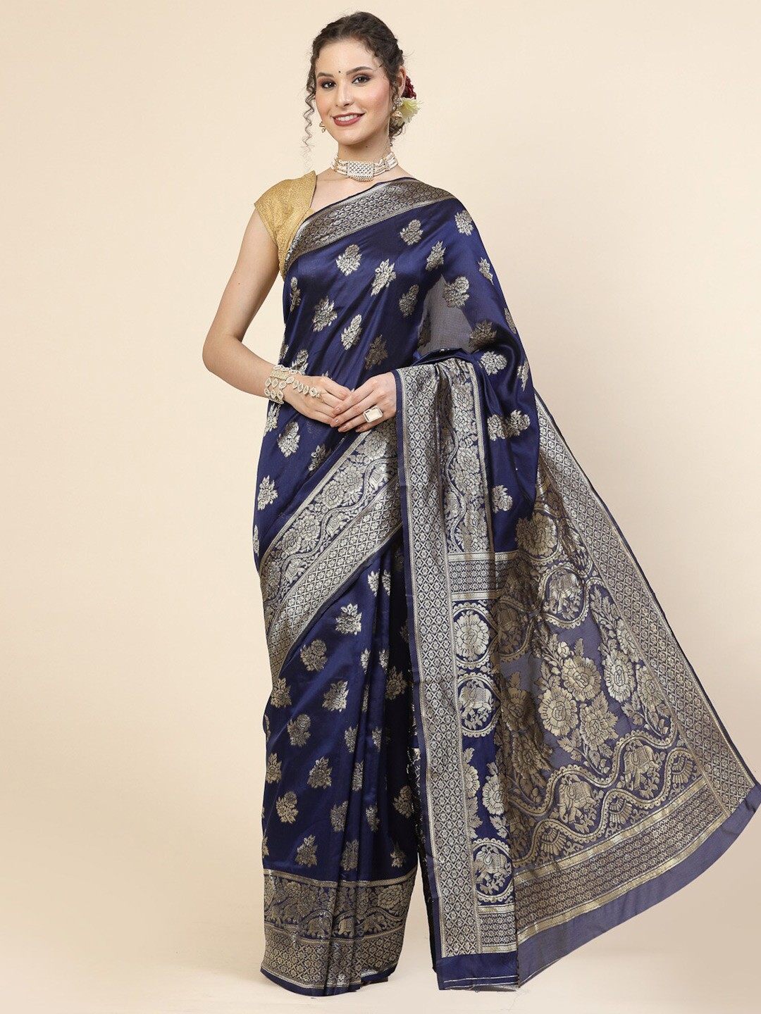 

KALINI Selection Of 2 Floral Woven Design Zari Jacquard Banarasi Saree, Blue