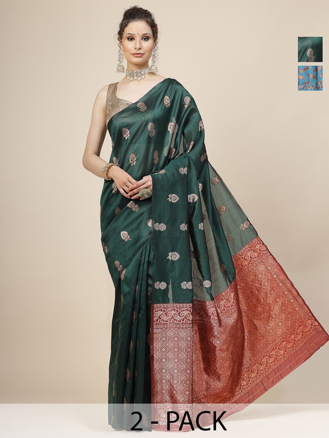 

KALINI Selection Of 2 Ethnic Motifs Woven Design Zari Banarasi Saree, Blue