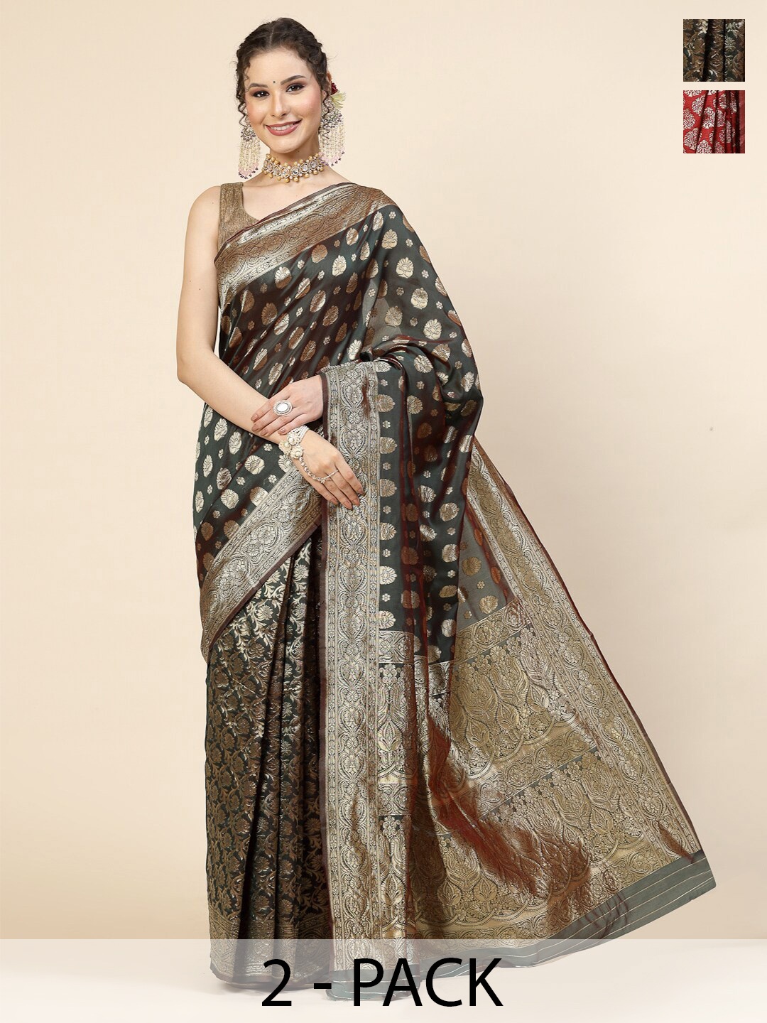 

KALINI Selection Of 2 Ethnic Motifs Woven Design Banarasi Jacquard Sarees, Black