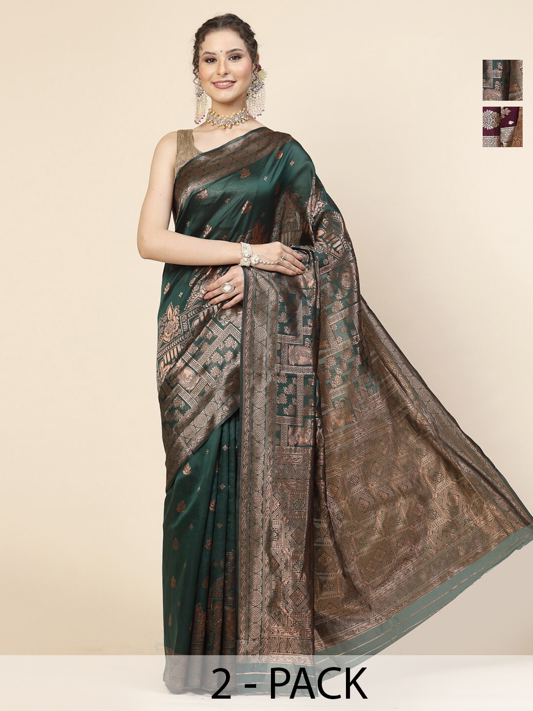 

KALINI Selection of 2 Ethnic Motifs Woven Design Zari Detail Banarasi Saree, Green