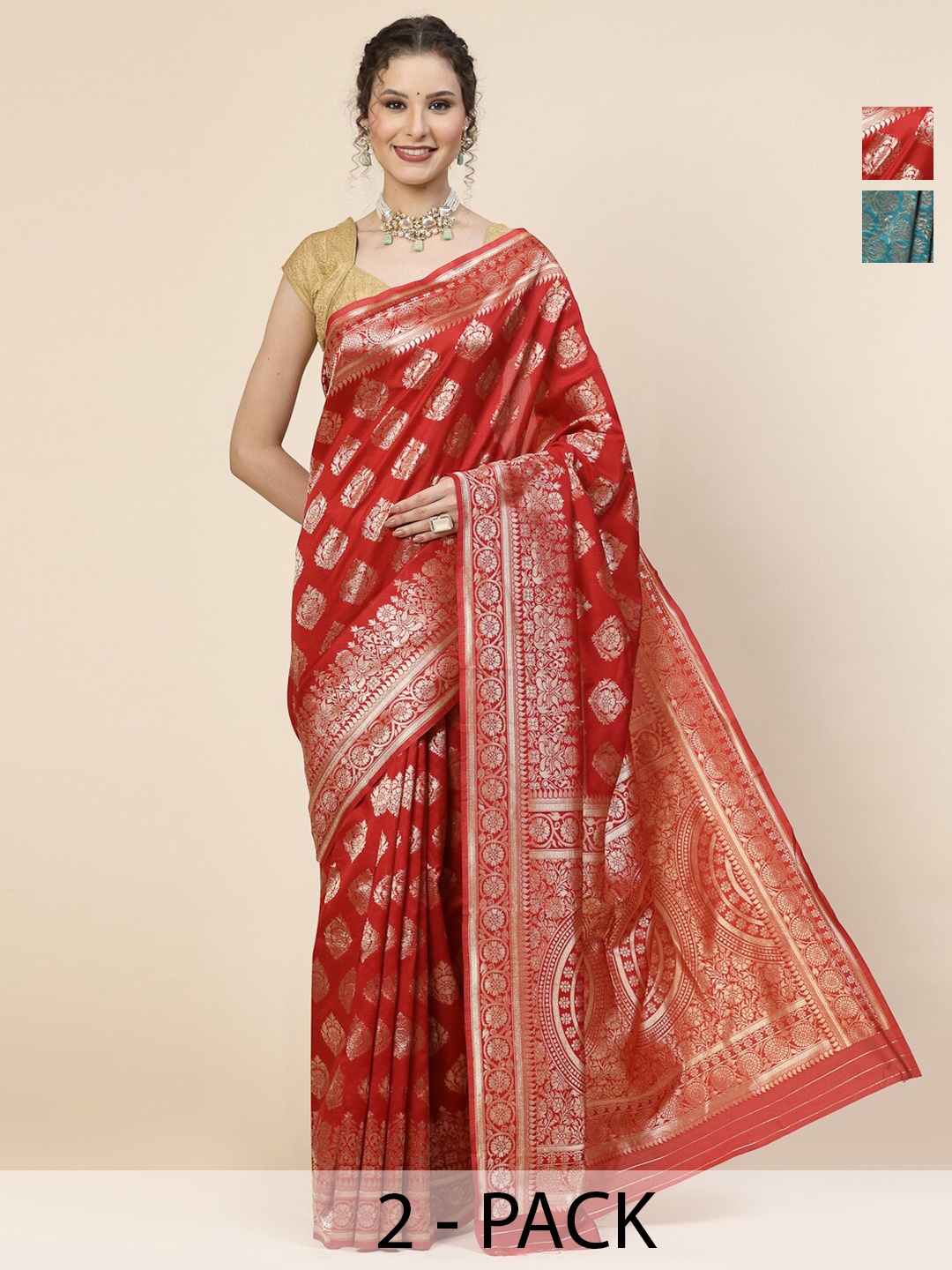 

KALINI Selection Of 2 Ethnic Motifs Woven Design Zari Banarasi Jacquard Sarees, Red