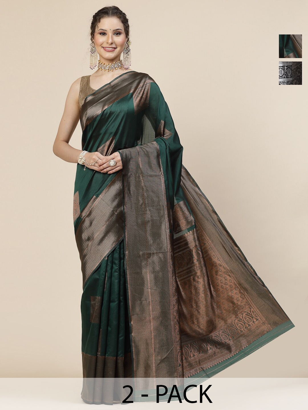 

KALINI Selection Of 2 Ethnic Motifs Woven Design Banarasi Jacquard Sarees, Green