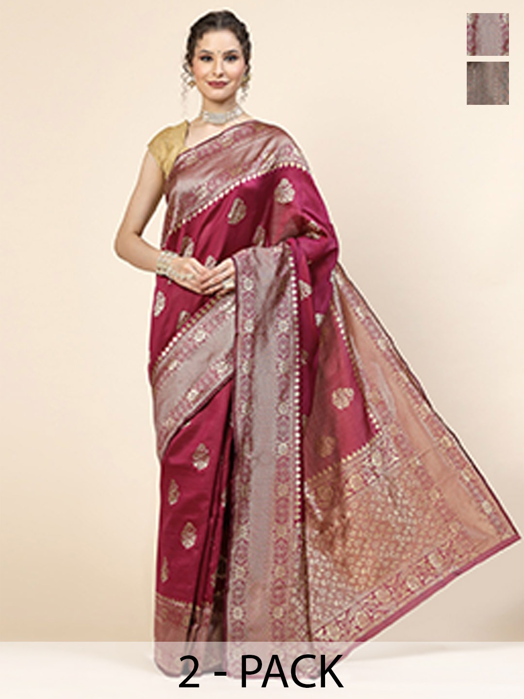 

KALINI Selection Of 2 Ethnic Motifs Woven Design Banarasi Jacquard Sarees, Green