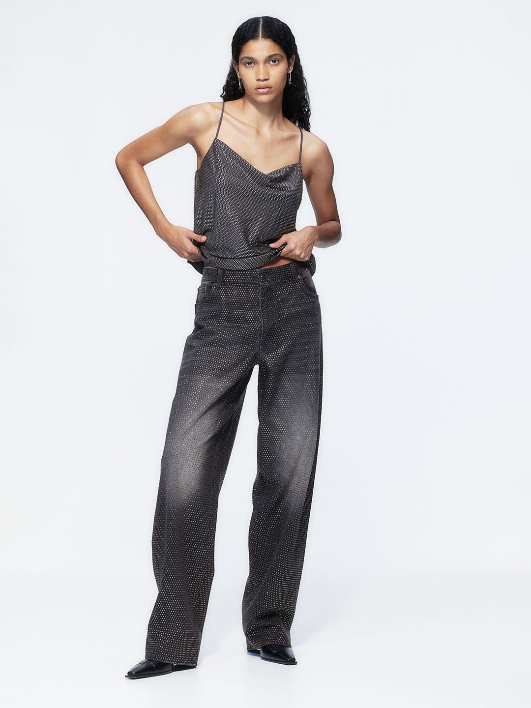 

H&M Rhinestone-Embellished Strappy Tops, Grey