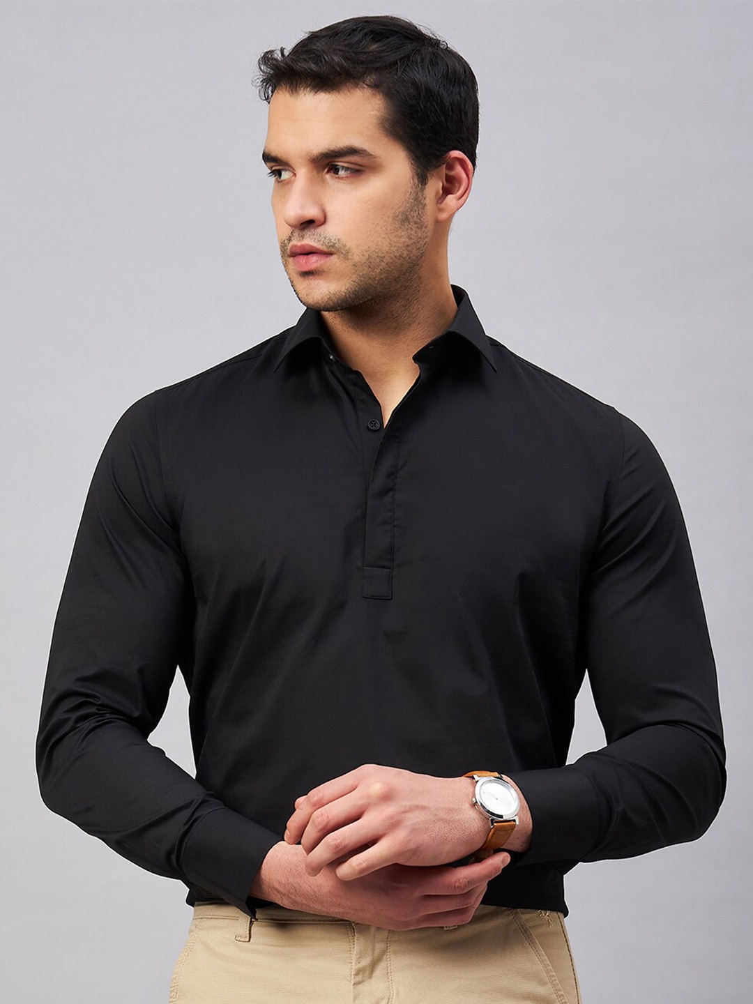 

LOUIS STITCH Spread Collar Cotton Semiformal Shirt, Black