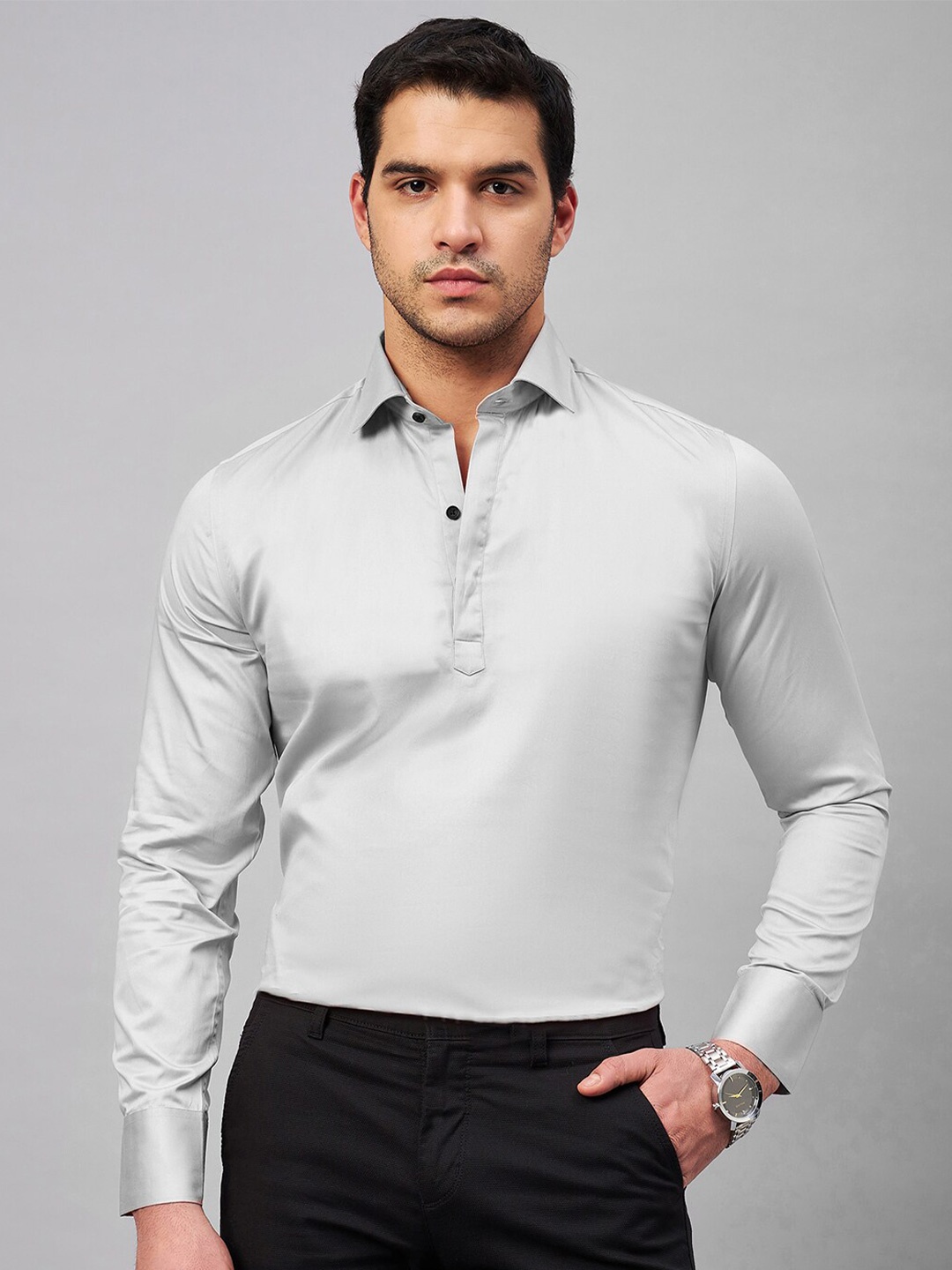 

LOUIS STITCH spread collar Long Sleeves Semiformal Cotton Shirt, Grey