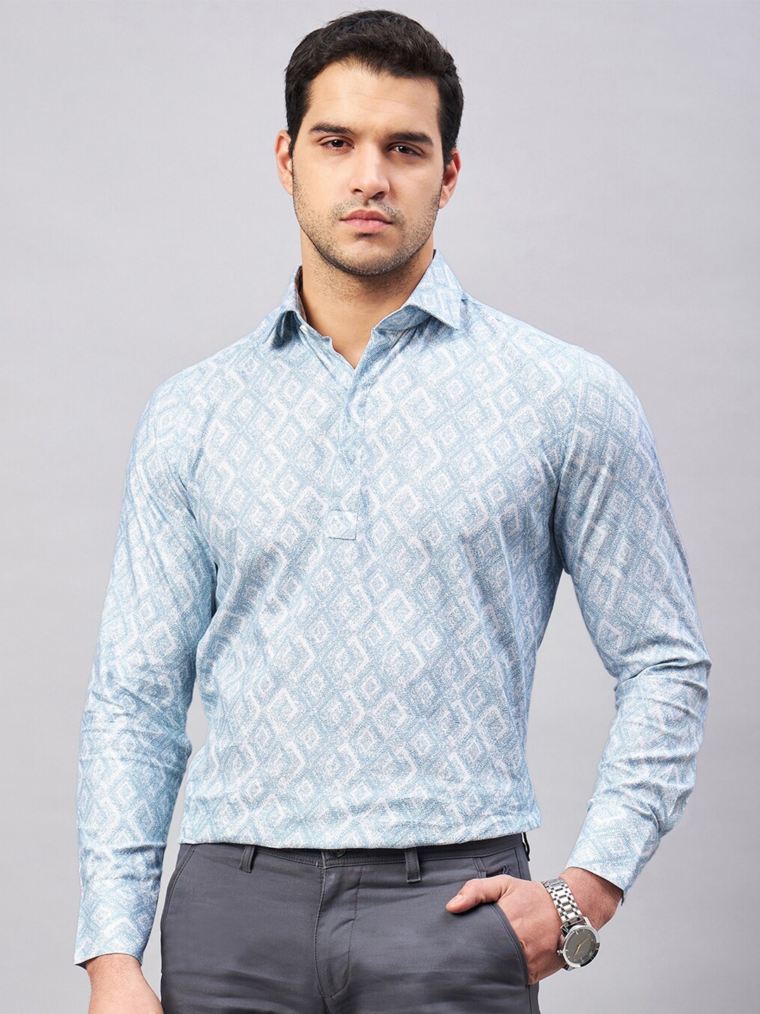 

LOUIS STITCH Geometric Printed Pure Cotton Semiformal Shirt, Blue