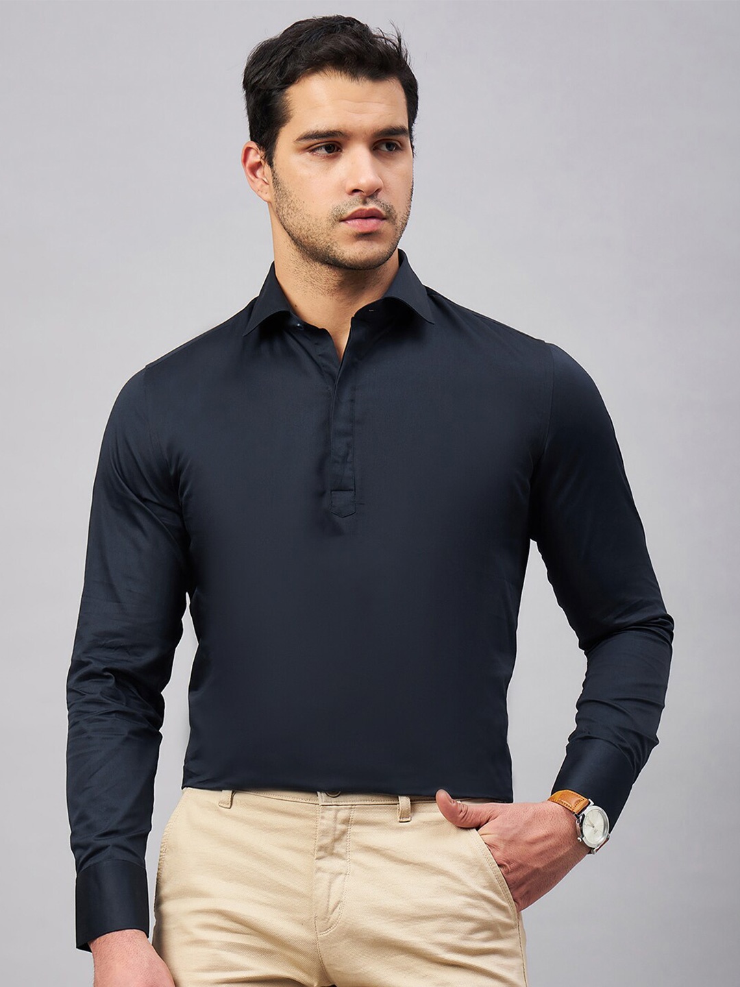 

LOUIS STITCH Spread Collar Pure Cotton Semiformal Shirt, Navy blue