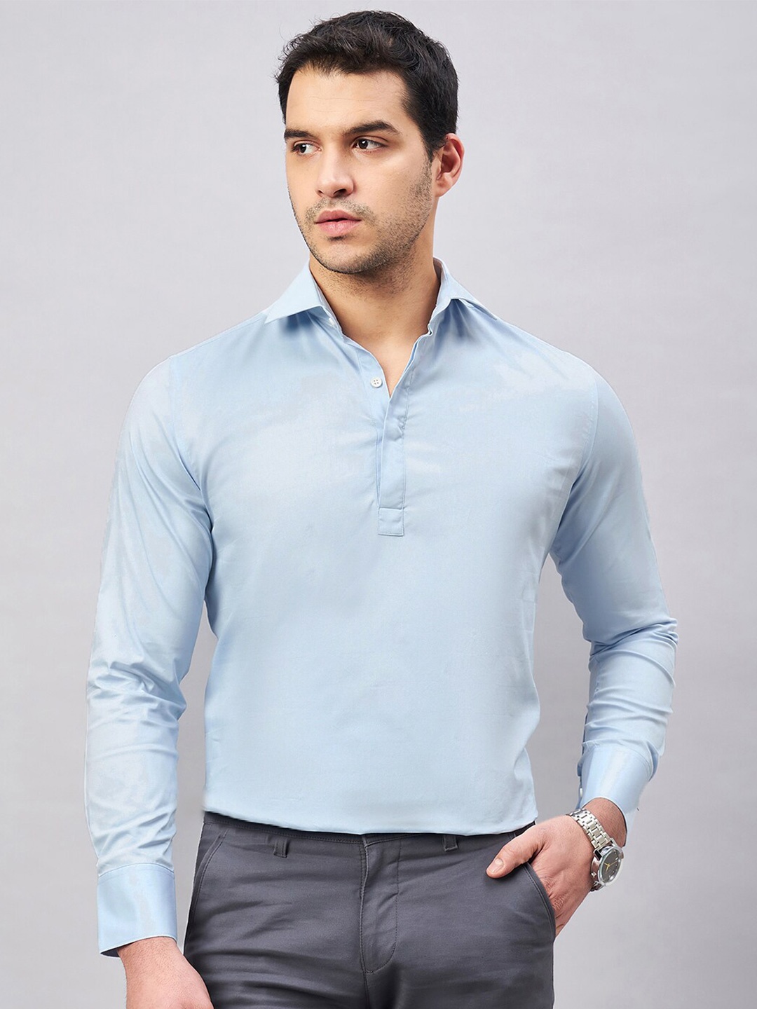 

LOUIS STITCH Spread Collar Pure Cotton Semiformal Shirt, Blue