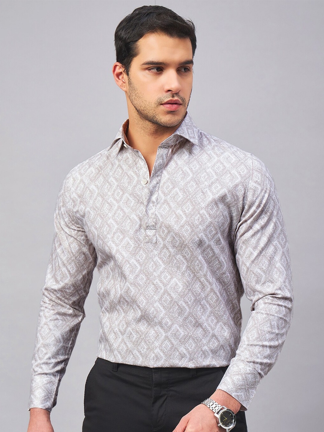 

LOUIS STITCH Geometric Printed Pure Cotton Semiformal Shirt, Brown