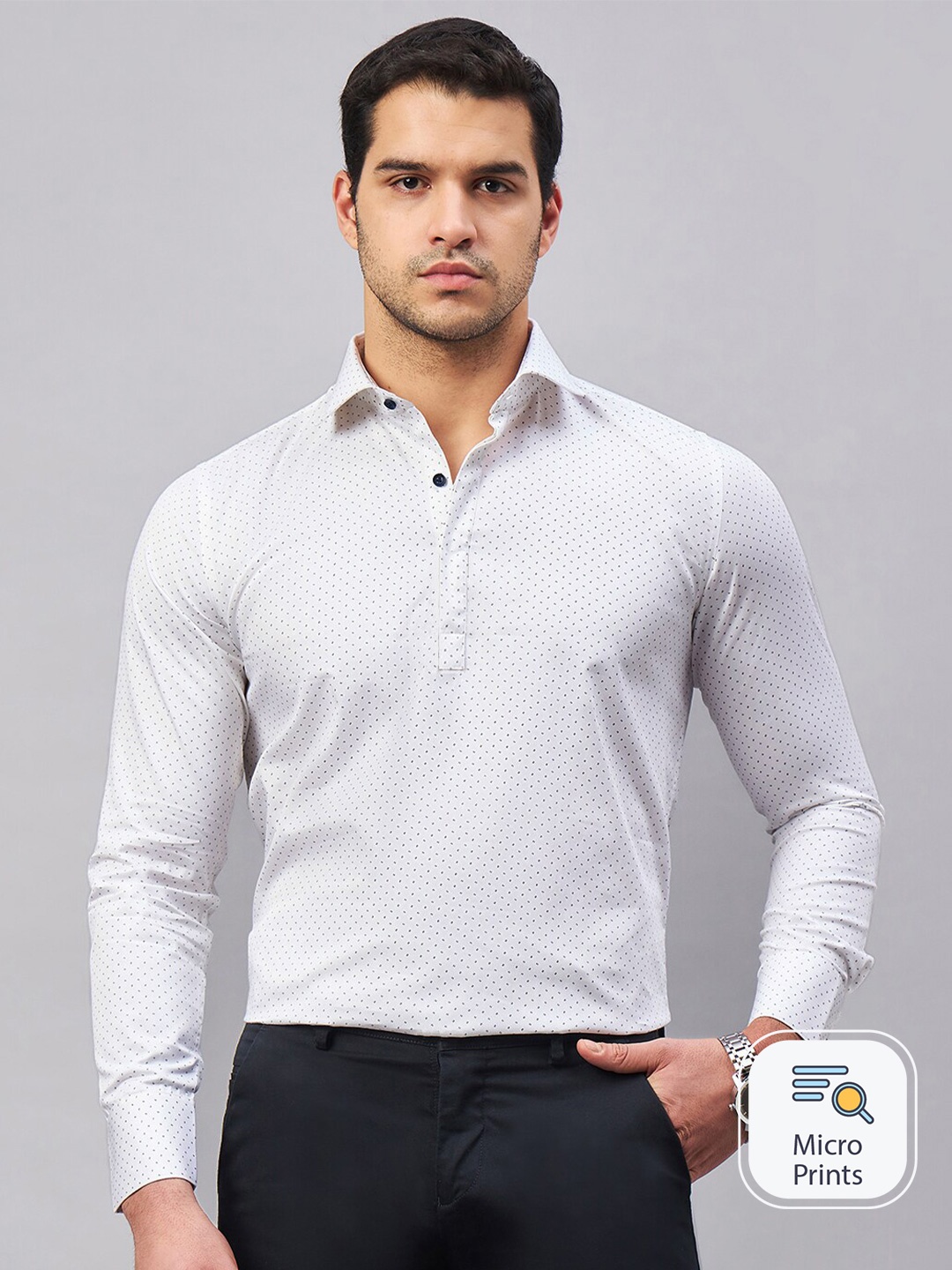 

LOUIS STITCH spread collar Long Sleeves Printed Semiformal Cotton Shirt, White