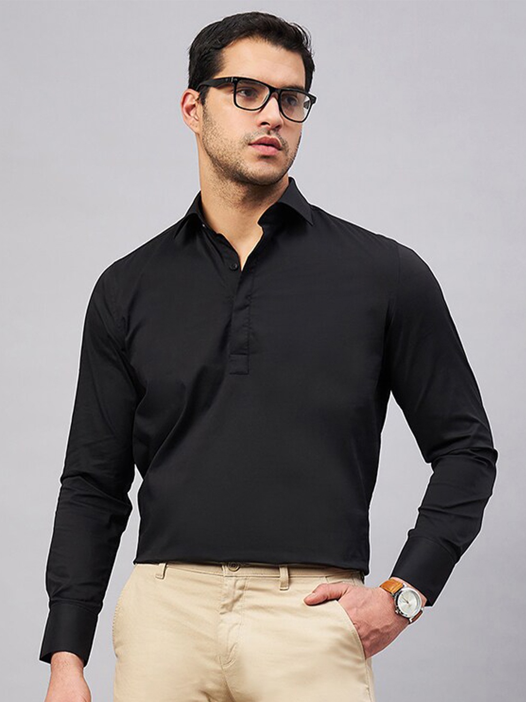 

LOUIS STITCH spread collar Long Sleeves Cotton Semiformal Shirt, Black