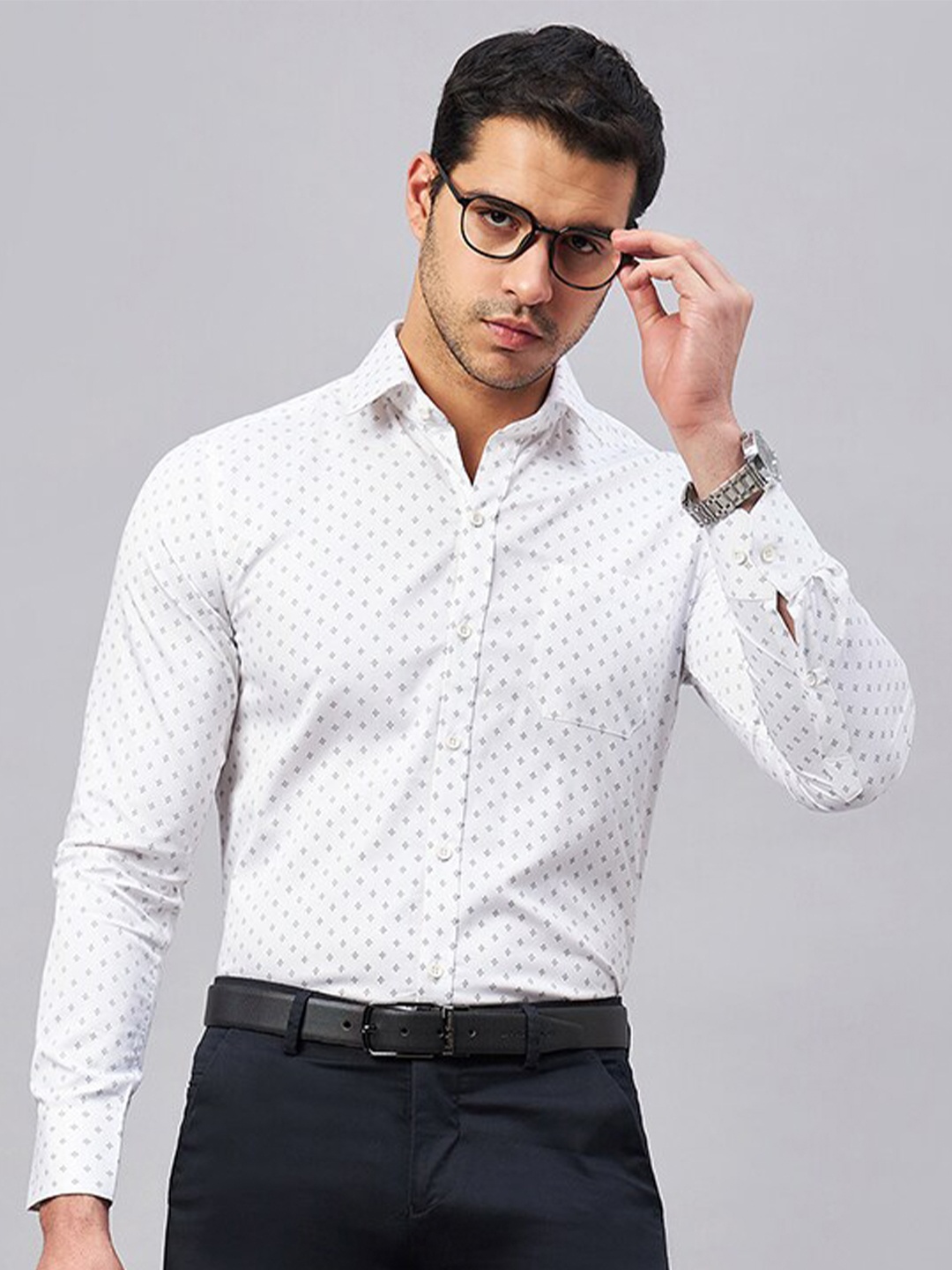 

LOUIS STITCH Geometric Printed Pure Cotton Formal Shirt, White