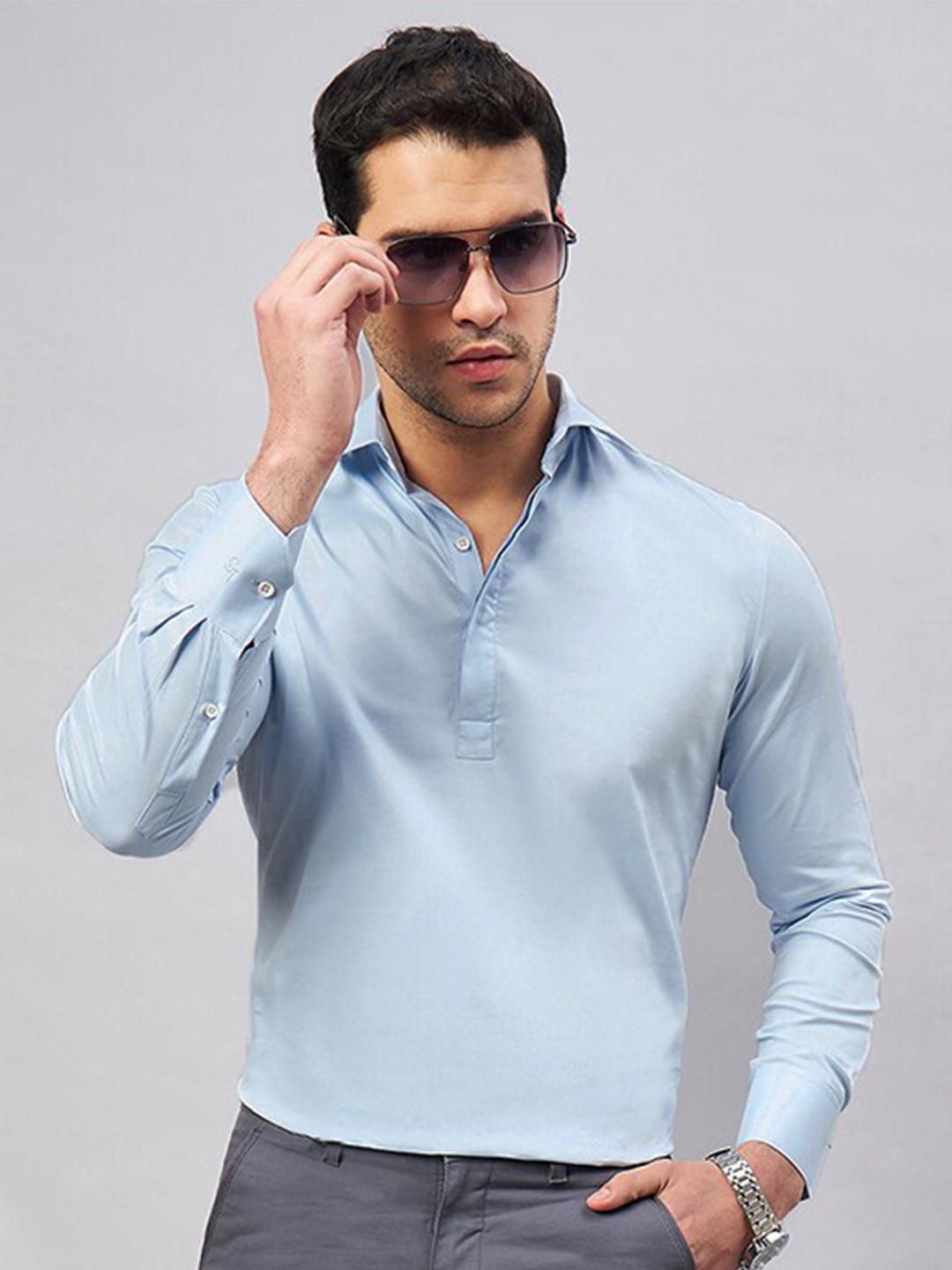 

LOUIS STITCH spread collar Long Sleeves Cotton Semiformal Shirt, Blue