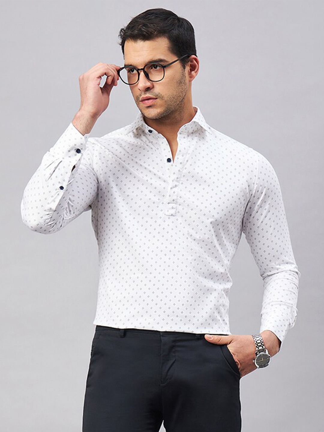 

LOUIS STITCH spread collar Long Sleeves Printed Cotton Semiformal Shirt, White